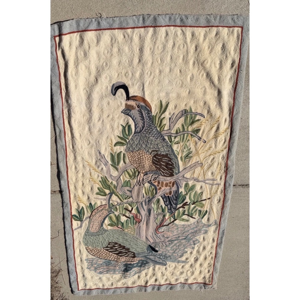 Vintage Large Pheasant Hand Embroidered Birds Floral Wool Tapestry Wall Hanging